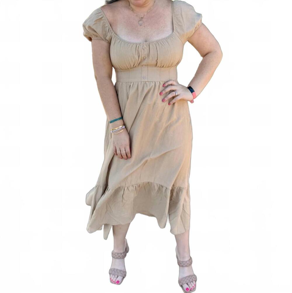 NEW BLU PEPPER front half button short sleeve midi dress in light khaki